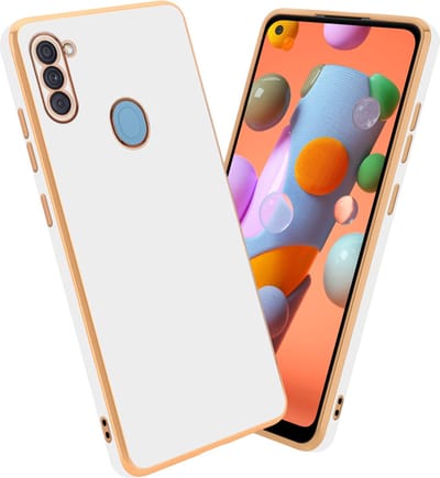 Cadorabo Hoesje geschikt voor Samsung Galaxy A11 / M11 in Glossy Wit - Goud - Beschermhoes Case Cover van flexibel TPU-silicone en met camerabescherming