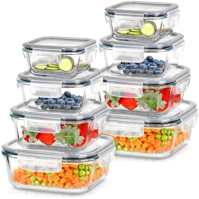 Voedselcontainers Glas met Deksel en Pakking Vierkant 8 stuks - Vershoudbakjes - Diepvriesbakjes - Vershouden - Bakjes