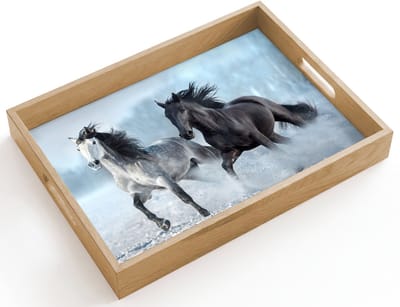 Dienblad hout 40x30 cm - Schootdienblad - Paarden - Winter - Dieren - Natuur - Sneeuw - Borrelplank rechthoek - Plateau dienbladen