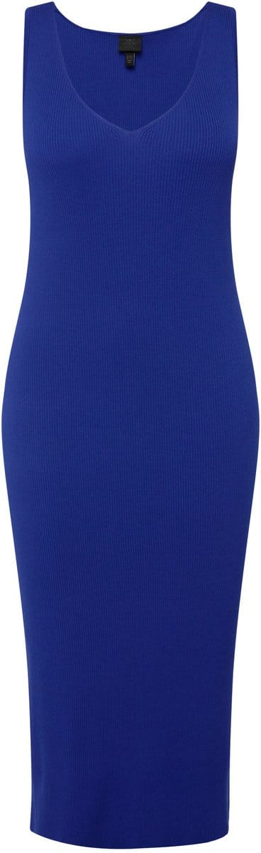 Ulla Popken - Dames - Gebreide jurk ribgebreid slim midi-lengte V-hals mouwloos - Azuurblauw - Maat 46+