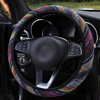 Housse de Volant de Voiture en Lin Mode Style National Accessoire Auto Housse Enveloppante Auto noir