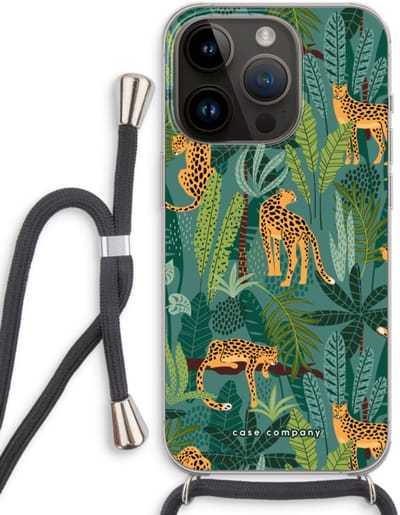 Case Company® - Hoesje met koord geschikt voor iPhone 14 Pro hoesje met Koord - Luipaard 2 - Telefoonhoesje met Zwart Koord - Bescherming aan alle Kanten en Over de Schermrand