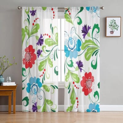 Abstracte Bloemen Bloemen Transparant Gordijn Voor Woonkamer Slaapkamer Voile Gordijnen Voor Raam Organza Gordijnen Feest Tule Draperieën 135W x 114H(cm) white