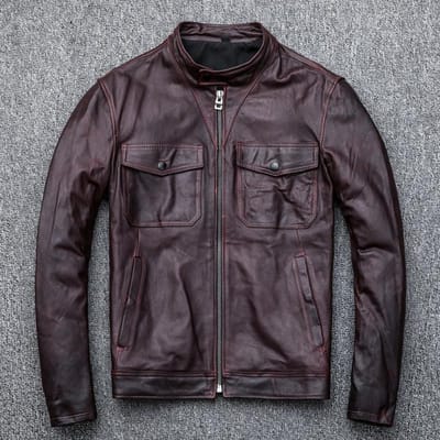 Heren Echt Leren Jas Bourgondië Eerste Laag Schapenvacht Opstaande Kraag Motorjas 5XL
