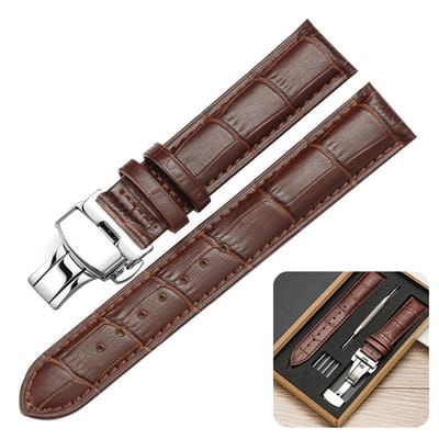 Qelus Universeel Horlogebandje Vintage - Echt Leer en Vlinder Sluiting (Makkelijk te Verwisselen) - Geschikt voor Smartwatches & Horloges - Verpakt in Cadeaudoos - Donkerbruin - 20mm