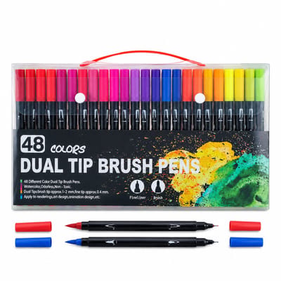 Aquarelmarkers - 48 kleuren dubbelzijdig - Inkt op waterbasis - zachte punt en finelinerpunt - geschenkverpakking