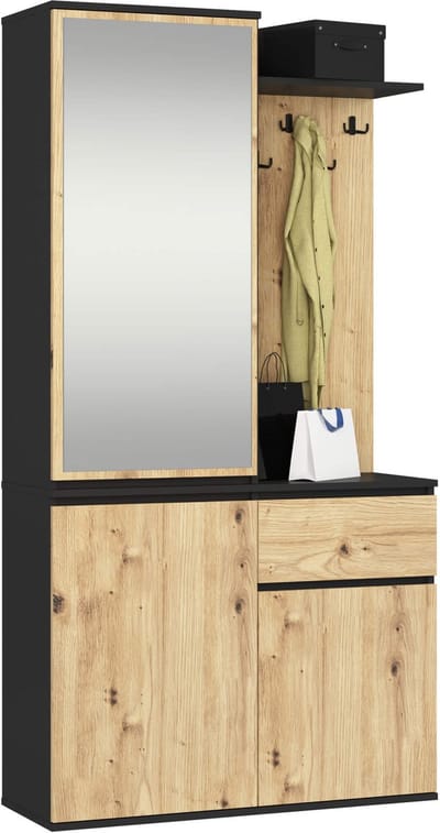 Hal set met spiegel ENTRO / Halmeubel met 3 Deuren en 1 Lade / Hal Kast / Kapstok en Schoenenkast / Zwart - Artisan Eik / 95 x 183 x 35 cm