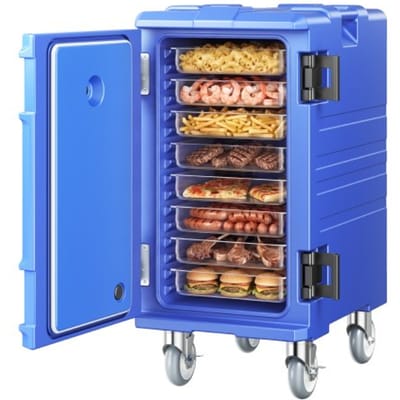 VEVOR Geïsoleerde voedselcontainerdrager, warmhoudbox voor catering, 120 L, voedselcontainer met dubbele gespen en handgrepen, voedselcontainerdrager, voedseltransportbox voor restaurantkantine, blauw