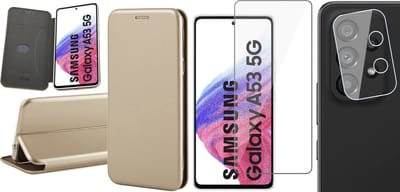 Hoesje geschikt voor Samsung Galaxy A53 - Book Case Kunstlederen Wallet Cover Minimalistisch Pasjeshouder Hoes Goud - Tempered Glass Screenprotector - Camera Lens Protector