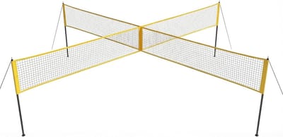Volleybalnet met kruisvorm en 4 vakken, PE, verstelbaar net voor strand en tuin, afmetingen uitgeklapt 335x335x213 cm, rood en geel, inclusief draagtas