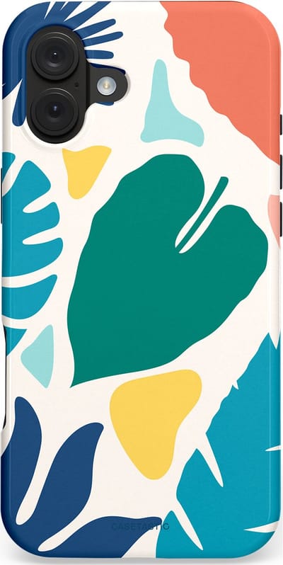 Casetastic hoesje geschikt voor Apple iPhone 16 Plus - MagSafe - Dubbellaagse bescherming - Moderne Kunstbladeren - Fashion Case - Petrol Wit Koraal Lichtgrijs