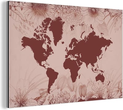 Wanddecoratie Metaal - Aluminium Schilderij Industrieel - Wereldkaart - Bloemen - Rood - 120x80 cm - Dibond - Foto op aluminium - Industriële muurdecoratie - Voor de woonkamer/slaapkamer
