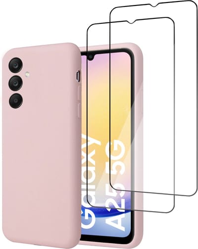 Geschikt voor Samsung Galaxy A25 - Hoesje + 2x Screenprotector – Full Cover Gehard Glas – Suède Back Cover Case Rose