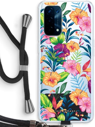 Case Company® - Hoesje met koord geschikt voor Oppo A74 5G hoesje met Koord - Tropisch 2 - Telefoonhoesje met Zwart Koord - Bescherming aan alle Kanten en Over de Schermrand