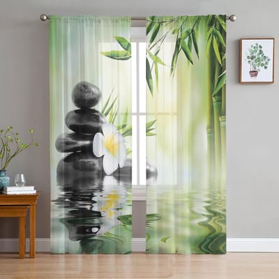 Orchidee Stenen Bamboe Zen Tule Gordijnen voor Woonkamer Slaapkamer Decoratie Modern Chiffon Transparant Voile Keuken Raamgordijn 1 PCS W100XH250cm&Grommet Top white