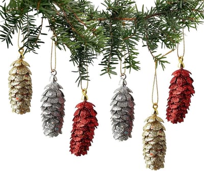 24 stuks glitter kerstballen dennenboomvorm voor kerstboomdecoratie - 3 kleuren - 75 x 25 mm