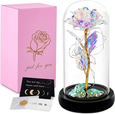 Roos in glas - Eeuwige bloem - Romantische decoratie - Met LED-licht - 255 cm hoog - Goud