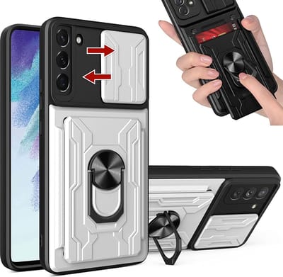 Hoesje Geschikt Voor Samsung Galaxy S22 Plus hoesje met Ring houder - camera lens protector en pashouder – Zilver