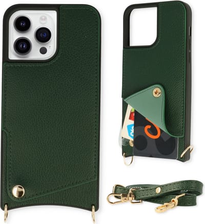 Casemania Hoesje Geschikt voor Apple iPhone 14 Pro - Back Cover met Draagkoord - Pasjeshouder Hoes met Bandje - Crossbody Telefoonhoesje - Lanyard Case - Groen