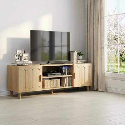 TV-meubel 180x35x45 cm - Hoogglans met 3 Deuren en Glasplanken - Spaanplaat - Zwart