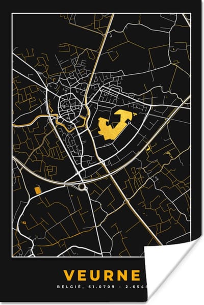Poster Veurne - Goud - Plattegrond - Stadskaart - Kaart - 120x180 cm XXL