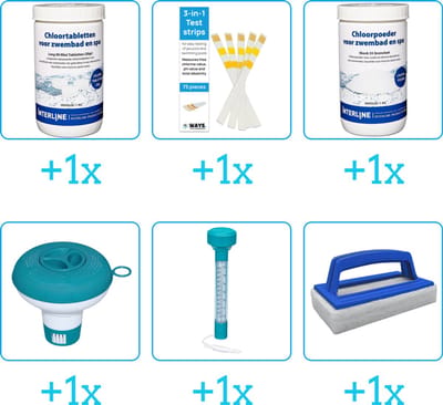Zwembad Onderhoudspakket - Onderhoud Zwembad - bevat Chloor - Testrips - Chloor - Chloordrijver - Thermometer en Scrubborstel (6-delig)