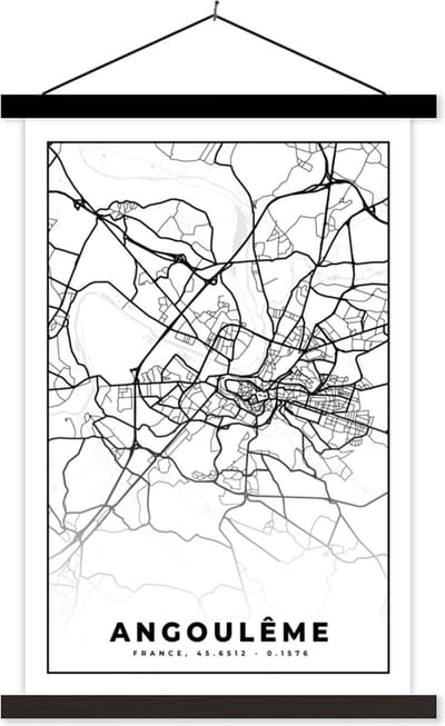Posterhanger incl. Poster 40x60 cm - Schoolplaat - Plattegrond – Kaart – Angoulême - Frankrijk – Stadskaart - Zwart wit - Textielposter - Zwarte latten - Stadskaart