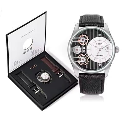 Tomi Luxe Horloge Wit&Zwart | Waterafstotend | Luxe Cadeau Giftbox | Zakelijke Horloge | 2 Horloge Band | Leren Band | Dubbele Tourbillon