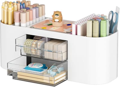 Bureau Organizer met 3 Laden,Multifunctionele Pennenhouder,Bureauopruiming en Accessoires met 7 Vakken voor Thuis,School,Klaslokaal(Wit)