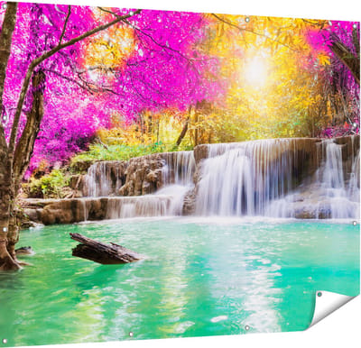 Gards Tuinposter Waterval met Groen Water en Roze Bladeren - 150x120 cm - Tuindoek - Tuindecoratie - Wanddecoratie buiten - Tuinschilderij