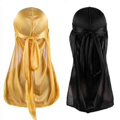 Set van 2 satijnen bandana durags in zwart en geel – glanzende headwraps voor heren en dames – comfortabele stretch bandana’s met lange linten en achterflap voor haarbescherming