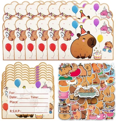 Dailygoods- Uitnodigingen 20 stuks Capybara - Verjaardagsuitnodigingen - Stickers 50 stuks - Themafeest - Papier - Hoogwaardig materiaal - Feestkaarten