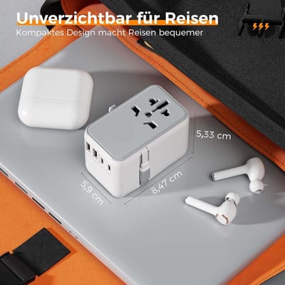 Famanu 65 W GaN III universele stekkeradapter met 2 USB en 3 USB C, universele reisadapter, USB C snellader, internationale adapter