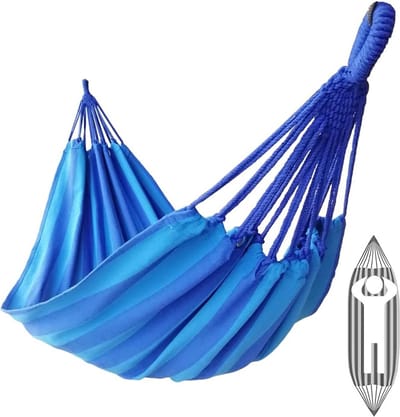 Hangmat 1 Persoon 200X100cm Totale lengte 310cm Belasting 250kg Canvas Katoenen Hangmat Buiten voor Tuin Binnen Kinderen Balkon (Pauwblauw)