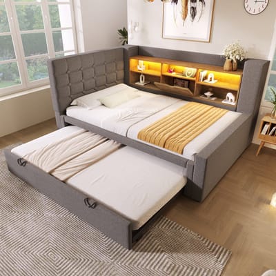 MODFU Gestoffeerd Bed Met Uitschuifbed En Opbergruimte - L-Vormig Hoofdbord - LED En USB-C - Linnen En Metaal - Grijs - 90x200 cm