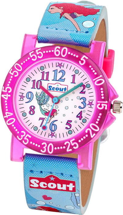 Scout Kinderuhr analog aus der Serie "The IT Collection" mit pink hellblauem Textilband, Meerjungfrauen-Motiv und Quarzwerk