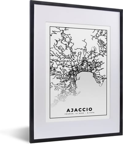Fotolijst incl. Poster Zwart Wit- Kaart - Stadskaart - Ajaccio - Frankrijk - Plattegrond - Zwart wit - 30x40 cm - Posterlijst