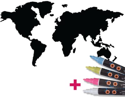 Schoolbordsticker - uitwisbare zelfklevende muurstickers - WERELDKAART + 4 VLOEIBARE KRIJTJES - 55x105cm
