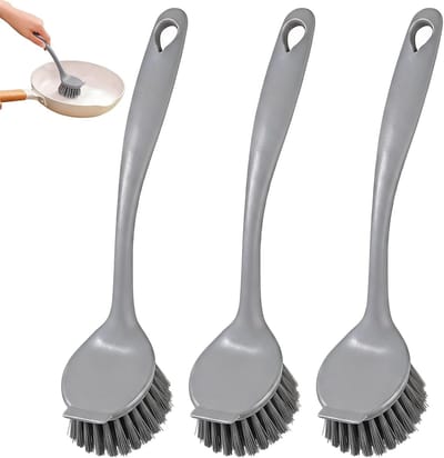 Famanu – Set van 3 keukenafwasborstels met handvat en ingebouwde schraper voor potten en pannen