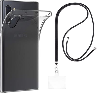 Set met hoesje en nekband voor Samsung Galaxy note 10 - Flexibele, transparante TPU-bescherming, verstelbare universele nekband voor mobiele telefoons, zwarte nekband, transparante draagriem van Phonillico®