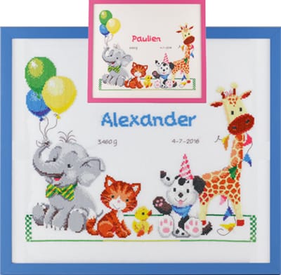 Pako Borduurpakket geboorte - tel patroon met codekaart - Vrolijke dieren geboortetegel - 226.310 - voorgesorteerd garen - roze / blauw Aida - 35 x 28 cm - DIY kit