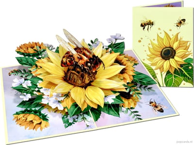 Popcards.nl pop-up kaart - Schitterende Geel Zwarte Bij op Zonnebloem Bestuiving Honingbij Natuur Natuurmonumenten GroenLinks PVDD Wenskaart 3D kaart