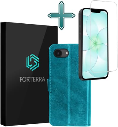 Hoesje Met Screenprotector - Geschikt voor Apple iPhone 17e - Luxe Pasjeshouder - Flipcase - Bookcase Portemonee - Flip Case - Kunstleer Book Case - Book Cover - Walletcase - Portemonneehoes - Turquoise