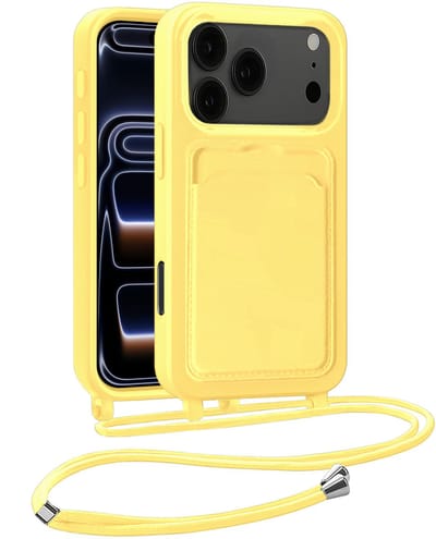 Hoesje Geschikt voor iPhone 17 Pro / 18 Pro Hoesje Met Telefoonkoord en Pasjeshouder Siliconen - Hoes Geschikt voor iPhone 17 Pro / 18 Pro Hoesje Met Kaarthouder Case - Geel