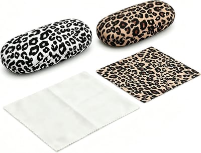 Set van 2 stevige brillenkokers met luipaardpatroon, inclusief 2 brillenpoetsdoeken, modieuze hardcase voor zonnebril en leesbril, ideaal voor dames en heren