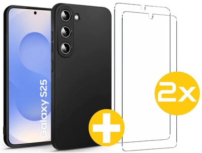 Hoesje en Screenprotector Combi Geschikt Voor Samsung Galaxy S25 - Zwarte Siliconen Hoesje + 2x Screenprotector