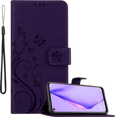Cadorabo Hoesje geschikt voor Huawei P40 LITE 5G / NOVA 7 SE in BLOEMEN DONKER PAARS - Beschermhoes in bloemmotief met magnetische sluiting, standfunctie en kaartsleuven Book Case Cover Etui