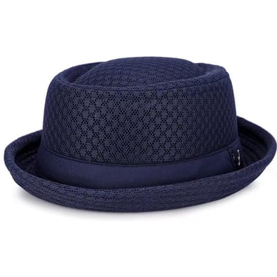 Nieuwe Ademende Hoed Engeland Mesh Platte Strohoed Retro Engeland Jazz Opvouwbare Zonnehoeden Panama Casual Feestpetten Fedora 56-58cm donkerblauwe kleur