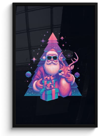 Poster in lijst - Fotolijst 60x90 cm - Posters - Retro - Kerstman - Rendieren - Kerstboom - Posterlijst zwart - Decoratie - Wanddecoratie woonkamer - Muurdecoratie slaapkamer - Kerstversiering - Kerstdecoratie voor binnen - Kerstmis