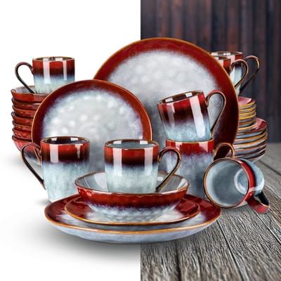 Luxe Serviesset – 32 delig – 8 persoons – Porselein - Bordenset – Dinner platen – Dessertborden - Kommen - Mokken - Rood